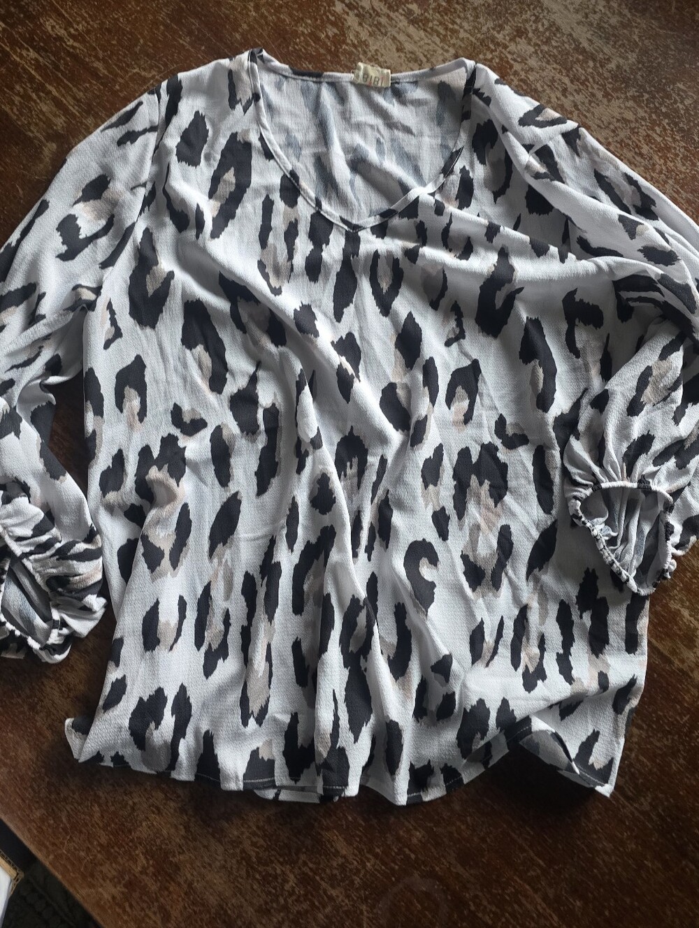 BiBi Leopard Print V-Neck Tunic - Black and Cream with Taupe Accents